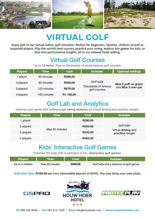 Virtual golf at Houw Hoek Hotel - pricelist